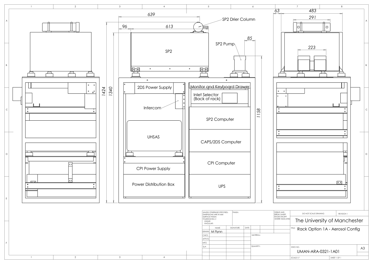 Layout of the cloud particle imager rack in aerosol configuration, which includes the following instruments - CPI, CAPS, 2D-128, SP2 and UHSAS.